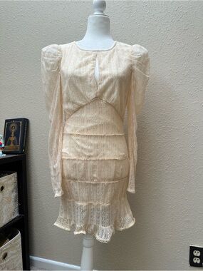 House Of Harlow X Revolve Henrik Lace Mini Dress Semi-Sheer Cream High Neck Sz S